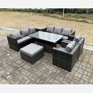 Fimous 9 Seater Outdoor Rattan Garden Furniture Set Adjustable Rising Lifting Dining Table With Chairs Footstool Dark Grey Mixed