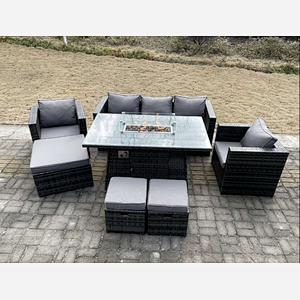 Fimous Outdoor PE Rattan Garden Furniture Gas Fire Pit Dining Table Armchairs With 3 Stools Dark Grey Mixed