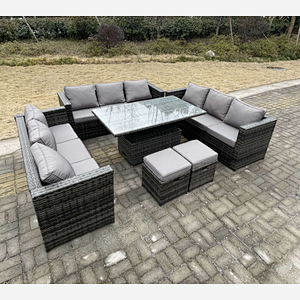 Fimous U Shape Outdoor Rattan Garden Furniture Sofa Set Lounge Adjustable Rising Lifting Tables Footstool Dark Grey Mixed