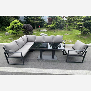 Fimous Aluminum Outdoor Garden Furniture Corner Sofa Chair Adjustable Rising Lifting Dining Table Sets Dark Grey Black Tempered Glass 7 Seater