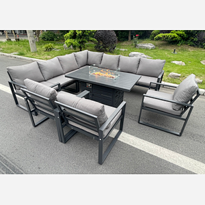 Fimous Aluminum Outdoor Garden Furniture Corner Sofa 3 PC Chairs Gas Fire Pit Dining Table Sets Gas Heater Burner Dark Grey 10 Seater