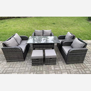 Fimous 8 Seater Dark Grey PE Wicker Rattan Garden Furniture Set Reclining Chair 2 Seater Love Sofa Set Outdoor Rectangular Dining Table 2 Stools