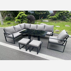 Fimous Aluminum Outdoor Garden Furniture Corner Sofa Chair Footstools Adjustable Rising Lifting Dining Table Sets Dark Grey Black Tempered Glass 9 Seater