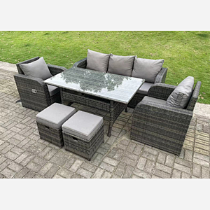 Fimous Dark Grey PE Wicker Rattan Garden Furniture Set 3 Seater Lounge Sofa Reclining Chair Outdoor Rectangular Dining Table With 2 Stools 7 Seater