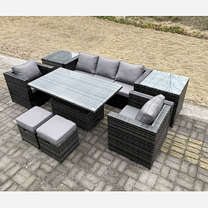 Fimous Rattan Garden Furniture Adjustable Rising Lifting Dining Table Sofa Set Chairs 2 Side Coffee Tables with 2 Stools