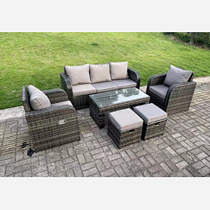 Fimous 7 Seat PE Rattan Garden Furniture Set Adjustable Chair Lounge Sofa Set Oblong Coffee Table Stools Dark Grey Mixed