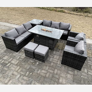 Fimous 10 Seater Outdoor Lounge Rattan Sofa Set Garden Furniture Gas Firepit Set Dining Table With Chair Coffee Table Stools Dark Grey Mixed