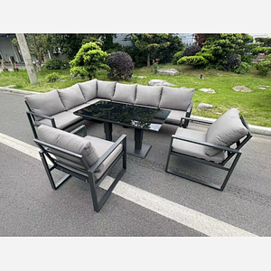 Fimous Aluminum Outdoor Garden Furniture Corner Sofa Chair Adjustable Rising Lifting Dining Table Sets Black Tempered Glass Dark Grey 8 Seater