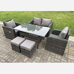 Fimous Dark Grey PE Wicker Rattan Garden Furniture Set Love Sofa Reclining Chair Outdoor Rectangular Dining Table Stools 6 Seater