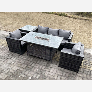 Fimous Outdoor PE Rattan Garden Furniture Gas Fire Pit Dining Table Armchairs With Side Coffee Table Dark Grey Mixed