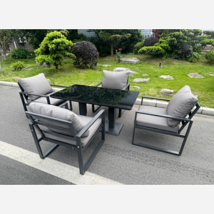 Fimous Aluminum Garden Furniture Dining Set Adjustable Rising Lifting Table And Chairs Patio Outdoor 4 Seat Plus Black Tempered Glass Dark Grey