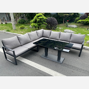 Fimous Aluminum Outdoor Garden Furniture Corner Sofa Adjustable Rising Lifting Dining Table Sets Black Tempered Glass Dark Grey 7 Seater