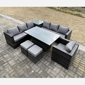Fimous 9 Seater PE Rattan Corner Sofa Set Rising Adjustable Dining Table Set High Side Coffee Table With Arm Chair Stools