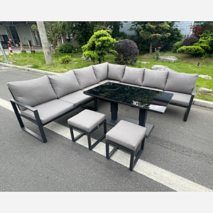 Fimous Aluminum Outdoor Garden Furniture Corner Sofa Adjustable Rising Lifting Dining Table Sets Black Tempered Dark Grey 9 Seater