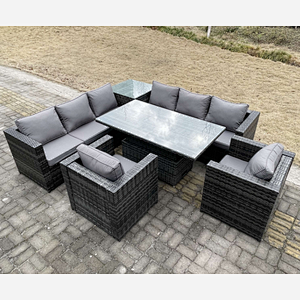 Fimous 8 Seater PE Rattan Corner Sofa Set Rising Adjustable Dining Table Set High Side Coffee Table With  2 Arm Chairs