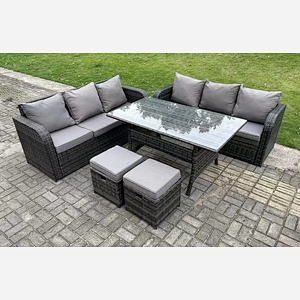 Fimous Dark Grey PE Wicker Rattan Garden Furniture Set Lounge Sofa 3 Seater Sofa Set Outdoor Rectangular Dining Table With 2 Stools 8 Seater