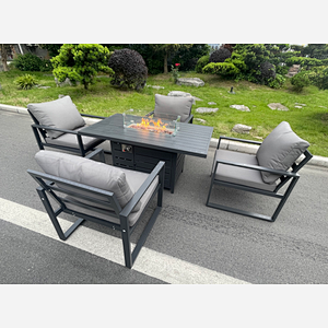 Fimous Aluminum Top 4 Seat Garden Furniture Dining Set Gas Fire Pit Table And Chairs Burner Heater Patio Outdoor Dark Grey