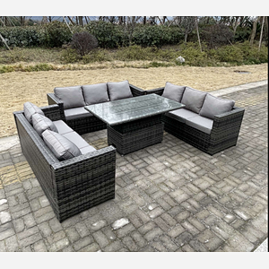 Fimous 9 Seater Outdoor Garden Furniture Rattan Sofa Set Adjustable Rising Lifting Dining Table Dark Grey Mixed