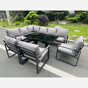 Fimous Aluminum Outdoor Garden Furniture Corner Sofa Chair Adjustable Rising Lifting Dining Table Sets Black Tempered Glass Dark Grey 9 Seater