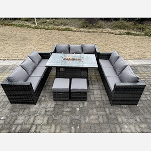 Fimous 11 Seater Outdoor Lounge Rattan Sofa Set Garden Furniture Gas Firepit Set Dining Table With Stools Dark Grey Mixed