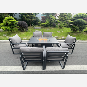 Fimous Aluminum Top 6 Seat Garden Furniture Dining Set Gas Fire Pit Table And Chairs Burner Heater Patio Outdoor Dark Grey