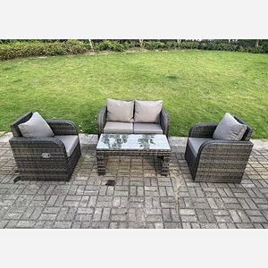 Fimous Dark Grey PE Wicker Rattan Garden Furniture Set Love Sofa Reclining Chair Outdoor Rectangular Coffee Table 4 Seater