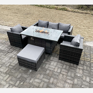 Fimous Outdoor PE Rattan Garden Furniture Gas Fire Pit Dining Table Armchairs With Big Footstool Dark Grey Mixed