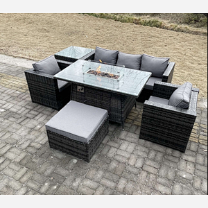Fimous Outdoor PE Rattan Garden Furniture Gas Fire Pit Dining Table Armchairs With High Side Coffee Table Big Footstool Dark Grey Mixed