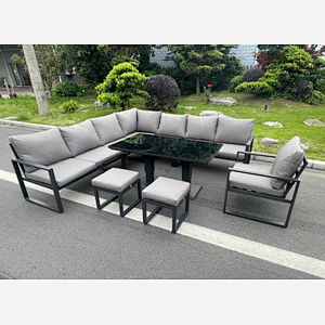 Fimous Aluminum Outdoor Garden Furniture Corner Sofa Chair 2 PC Stools Adjustable Rising Lifting Dining Table Sets Black Tempered Glass Dark Grey 10 Seater