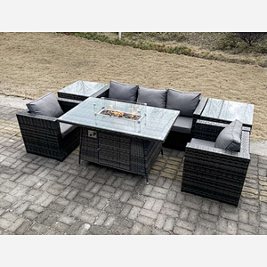 Fimous Outdoor Lounge Rattan Sofa Set Garden Furniture Gas Firepit Set Dining Table Patio Heater 2 Chair 2 Coffee Table Dark Grey Mixed