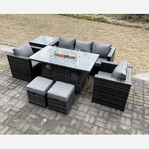 Fimous Outdoor PE Rattan Garden Furniture Gas Fire Pit Dining Table Armchairs With High Side Coffee Table 2 Stools Dark Grey Mixed