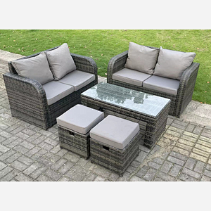 Fimous Dark Grey PE Wicker Rattan Garden Furniture Set Love Sofa 2 Seater Sofa Set Outdoor Rectangular Coffee Table 6 Seater