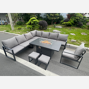 Fimous Aluminum Outdoor Garden Furniture Corner Sofa Chair Gas Fire Pit Dining Table Sets 2 Stools Gas Heater Burner Dark Grey 10 Seater