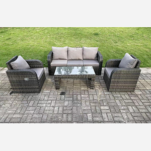 Fimous 5 Seat PE Rattan Garden Furniture Set Adjustable Chair Lounge Sofa Set Oblong Coffee Table Dark Grey Mixed
