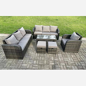 Fimous 9 Seater Dark Grey PE Wicker Rattan Garden Furniture Set Reclining Chair Lounge 3 Seater Sofa Set Outdoor Rectangular Coffee Table Stools