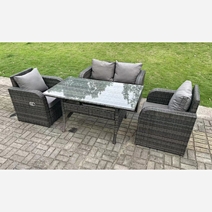 Fimous Dark Grey PE Wicker Rattan Garden Furniture Set Love Sofa Reclining Chair Outdoor Rectangular Dining Table 4 Seater