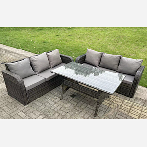 Fimous Dark Grey PE Wicker Rattan Garden Furniture Set Lounge Sofa 3 Seater Sofa Set Outdoor Rectangular Dining Table 6 Seater