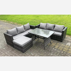 Fimous 7 Seater Wicker PE Rattan Garden Dining Set Outdoor Furniture Sofa with Dining Table Big Footstool Dark Grey Mixed