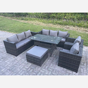 Fimous Outdoor Lounge Sofa Garden Furniture Set Patio Rattan Rectangular Dining Table with 2 Armchair Big Footstool 9 Seater Dark Grey Mixed