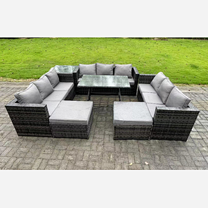 Fimous 11 Seater Rattan Outdoor Furniture Lounge Sofa Garden Dining Set with Dining Table Side Table 2 Big Footstools Dark Grey Mixed