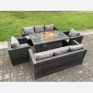 Fimous 8 Seater Rattan Garden Furniture Sofa Set Outdoor Patio Gas Fire Pit Dining Table Gas Heater Burner With 2 Armchairs Dark Grey Mixed