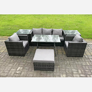 Fimous 6 Seater Rattan Outdoor Furniture Garden Dining Set with Oblong Dining Table 2 Side Tables Big Footstool 2 Armchairs Dark Grey Mixed