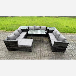 Fimous 10 Seater Wicker PE Rattan Outdoor Furniture Lounge Sofa Garden Dining Set with Dining Table 2 Side Tables Big Footstool Dark Grey Mixed