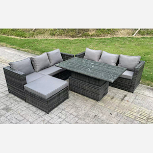 Fimous 7 Seater Wicker PE Rattan Garden Furniture Sofa Set Outdoor Adjustable Rising Lifting Dining Table Set with Big Footstool Dark Grey Mixed
