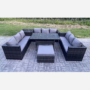 Fimous 10 Seater Outdoor Wicker Garden Furniture Rattan Lounge Sofa Set Patio Rectangular Dining Table with Big Footstool Side Table Dark Grey Mixed