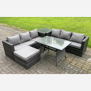 Fimous 7 Seater Rattan Garden Dining Set Outdoor Furniture Sofa with Dining Table Big Footstool Side Table Dark Grey Mixed