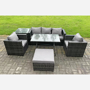 Fimous 6 Seater Wicker Rattan Outdoor Furniture Garden Dining Set with Sofa Oblong Dining Table 2 Armchairs Stool Dark Grey Mixed