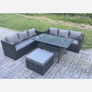 Fimous PE Wicker Outdoor Garden Furniture Set Patio Rattan Rectangular Dining Table Lounge Sofa with Big Footstool 7 Seater Dark Grey Mixed