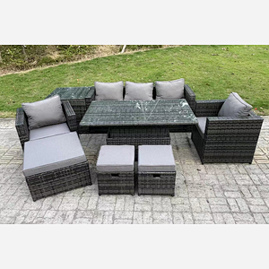 Fimous 8 Seater Wicker PE Rattan Garden Furniture Sofa Set Outdoor Adjustable Rising Lifting Dining Table Set with Armchairs Side Table 3 Footstools Dark Grey Mixed