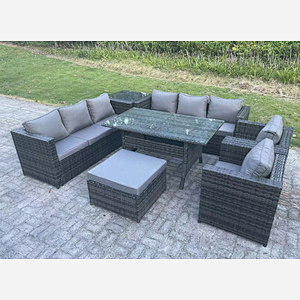 Fimous Outdoor Garden Furniture Rattan Lounge Sofa Set Patio Rectangular Dining Table with 2 Armchair Side Table Big Footstool 9 Seater Dark Grey Mixed